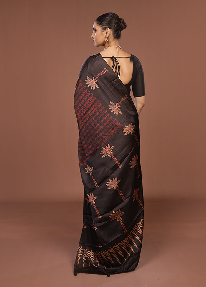 Black Printed Silk Saree Without Blouse Piece