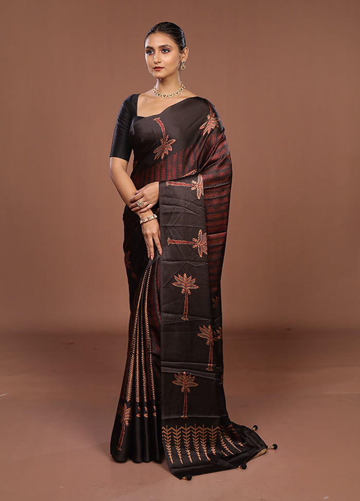 Black Printed Silk Saree Without Blouse Piece
