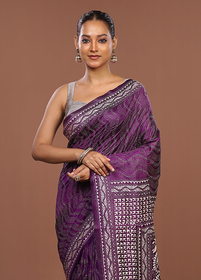 Purple Handloom Kantha Stitch Pure Silk Saree With Blouse Piece