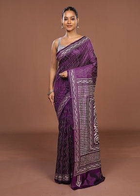 Purple Handloom Kantha Stitch Pure Silk Saree With Blouse Piece