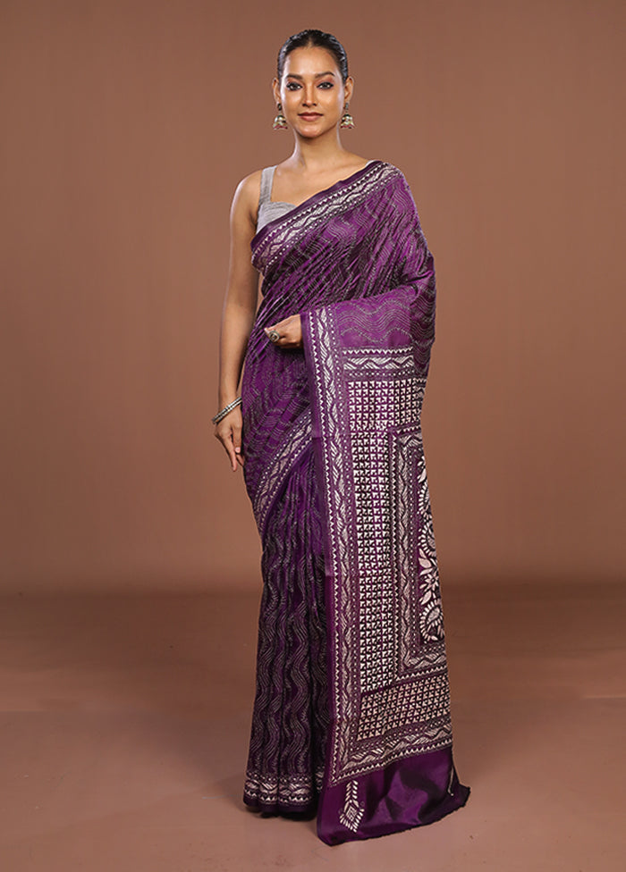 Purple Handloom Kantha Stitch Pure Silk Saree With Blouse Piece
