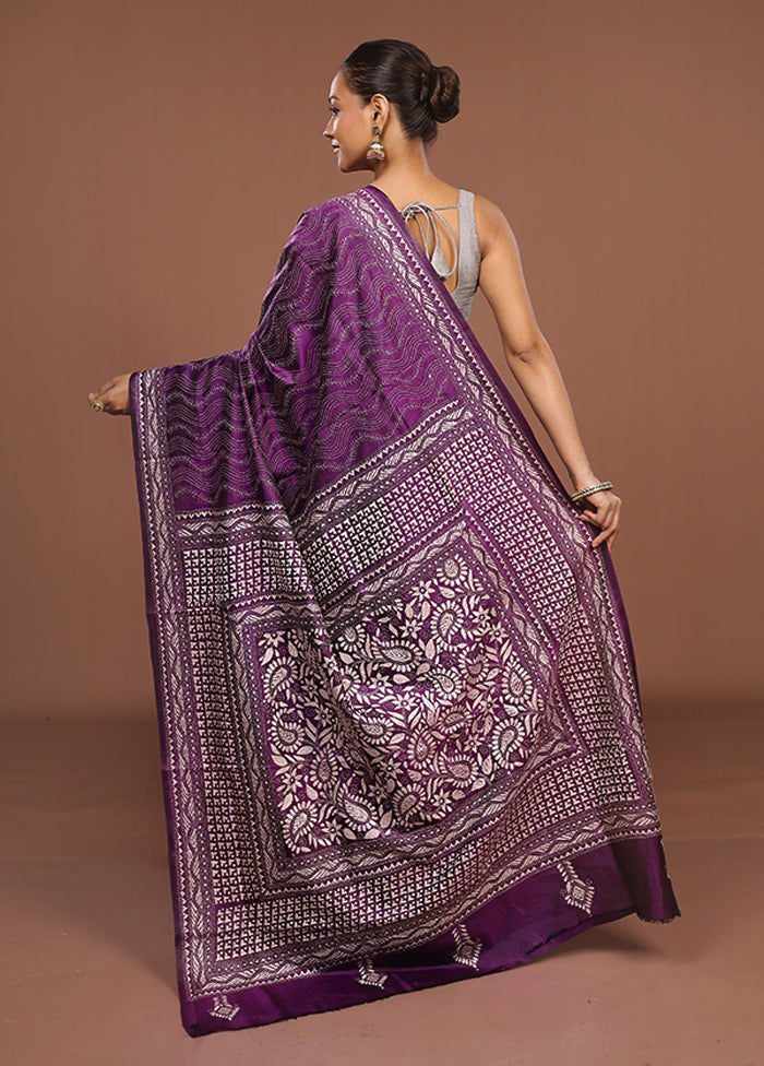 Purple Handloom Kantha Stitch Pure Silk Saree With Blouse Piece