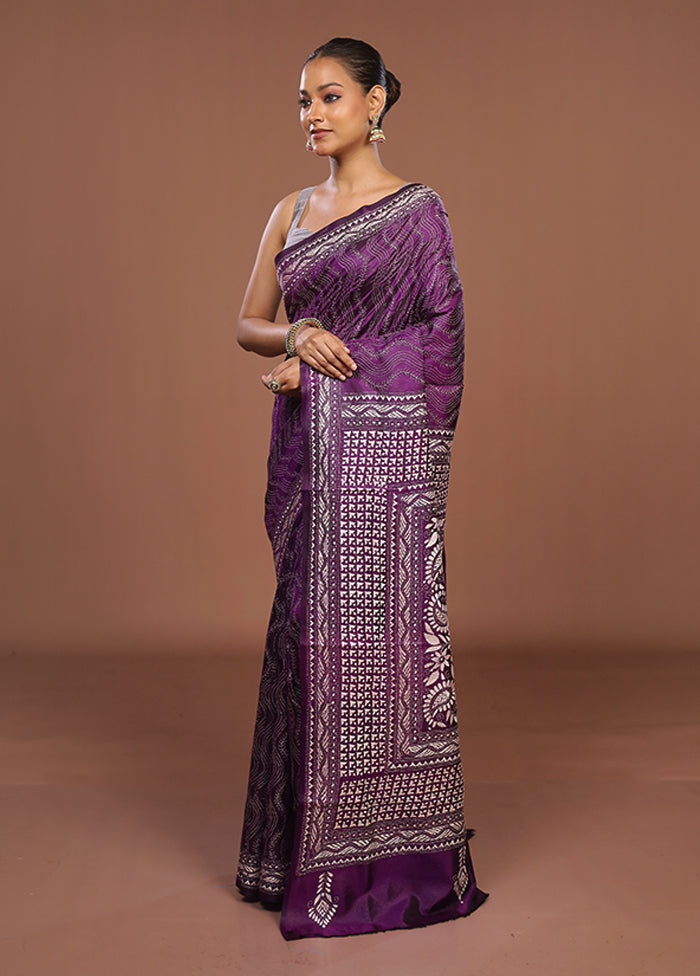 Purple Handloom Kantha Stitch Pure Silk Saree With Blouse Piece