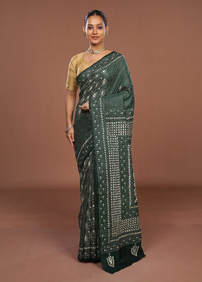 Green Handloom Kantha Stitch Pure Silk Saree With Blouse Piece