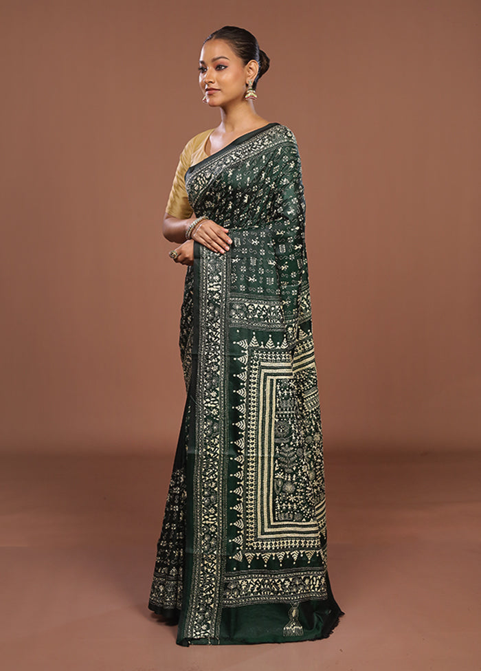 Green Handloom Kantha Stitch Pure Silk Saree With Blouse Piece