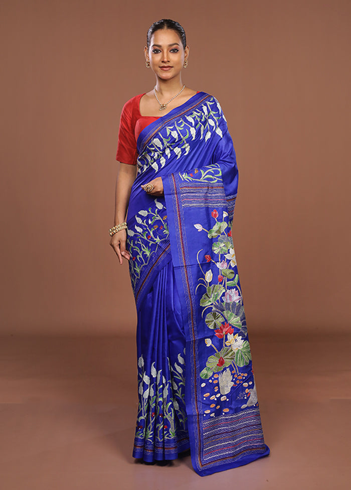 Blue Handloom Kantha Stitch Pure Silk Saree With Blouse Piece