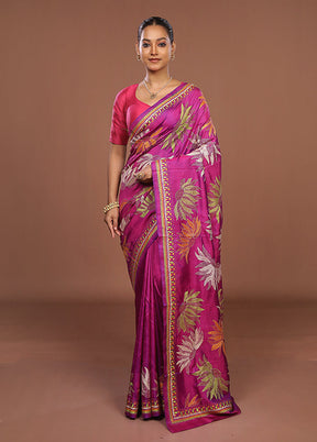 Pink Handloom Kantha Stitch Pure Silk Saree With Blouse Piece