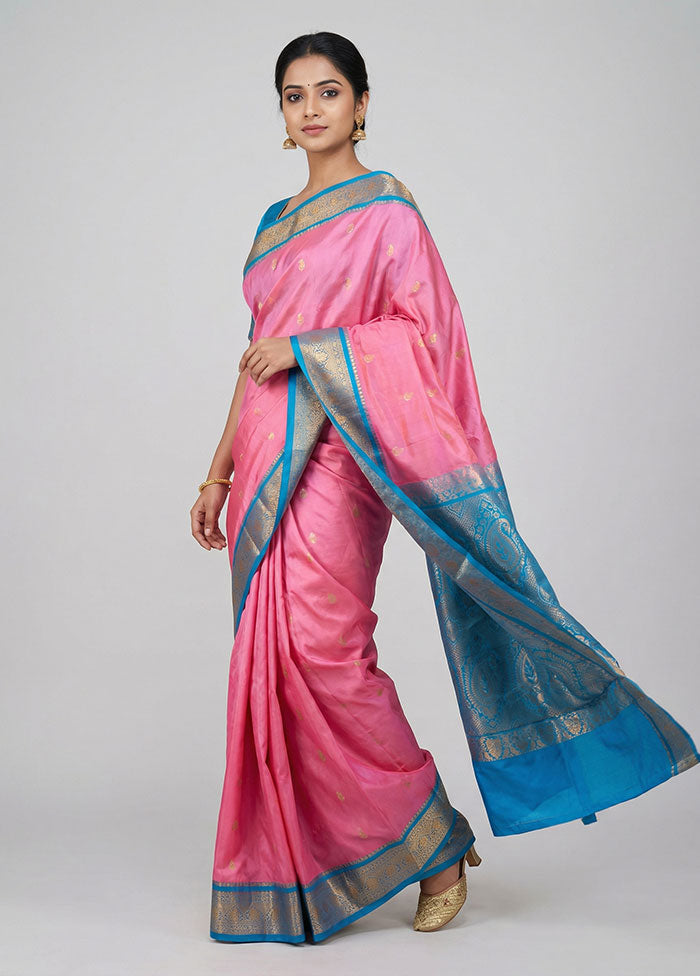 Pink Handloom Kanjivaram Pure Silk Saree With Blouse Piece
