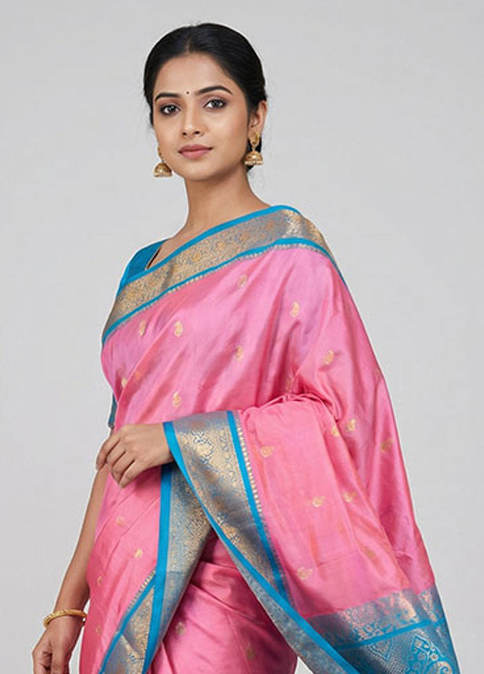 Pink Handloom Kanjivaram Pure Silk Saree With Blouse Piece