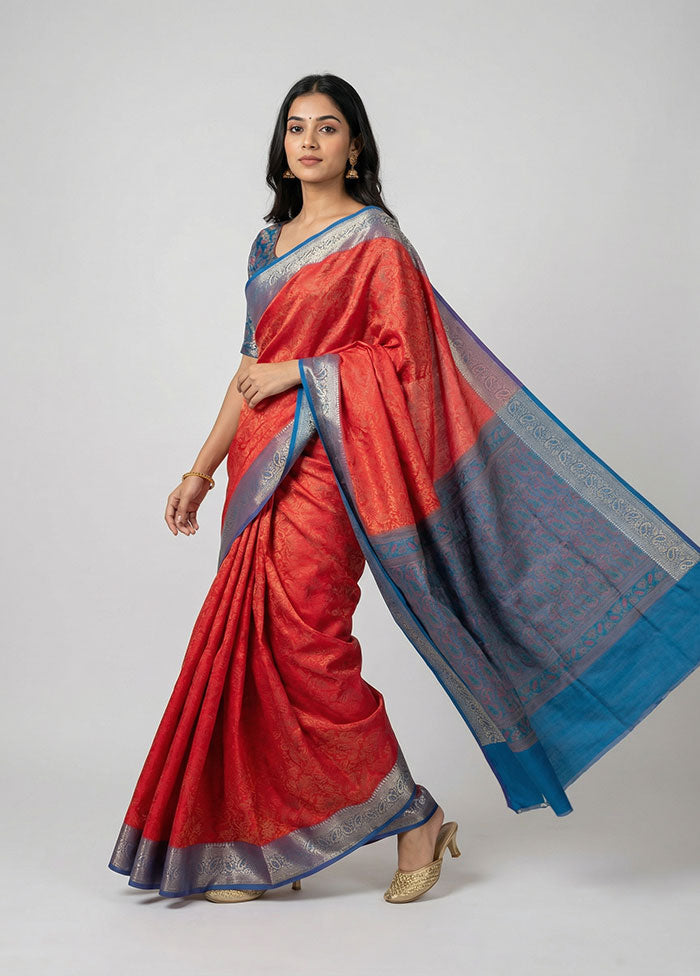 Maroon Jamewar Silk Saree With Blouse Piece