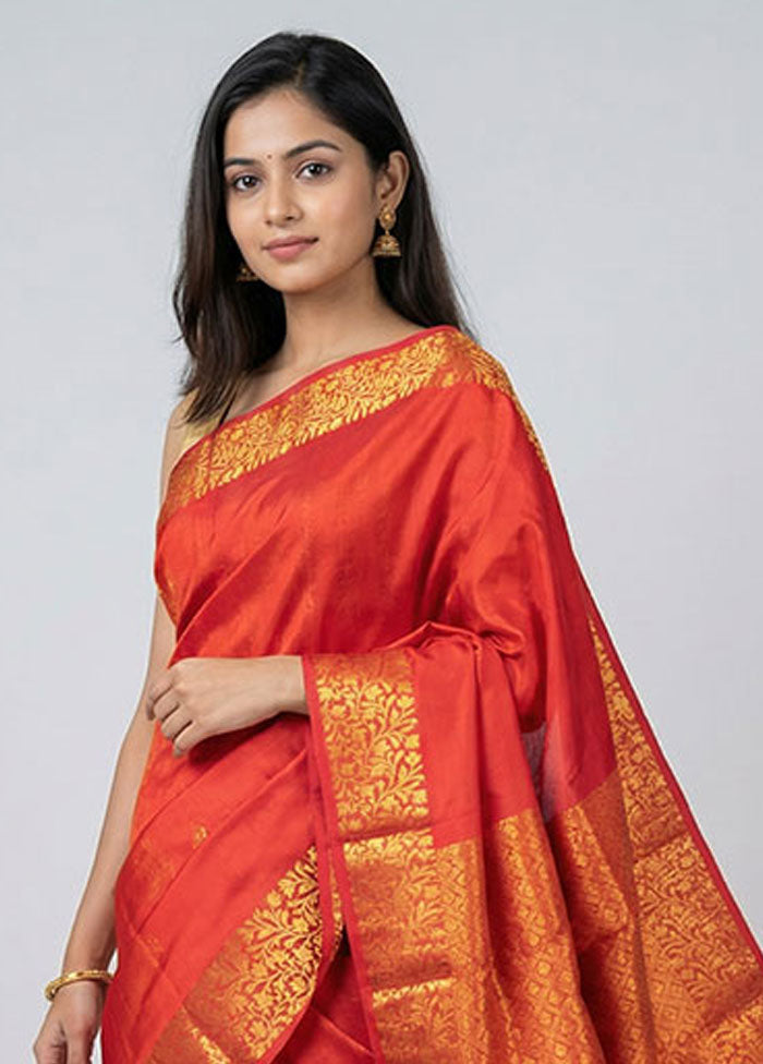 Red Kanjivaram Silk Saree With Blouse Piece