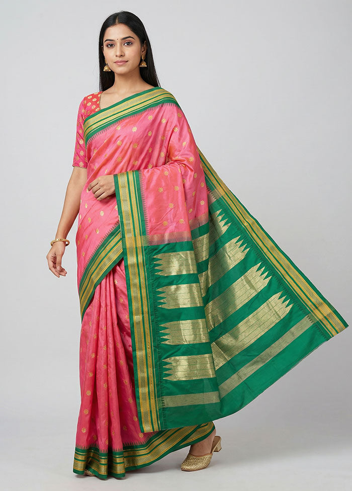 Pink Kanjivaram Silk Saree With Blouse Piece