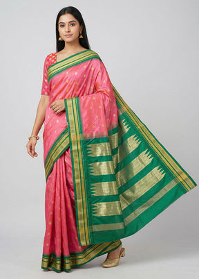 Pink Kanjivaram Silk Saree With Blouse Piece