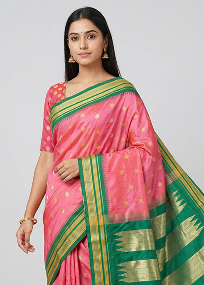 Pink Kanjivaram Silk Saree With Blouse Piece