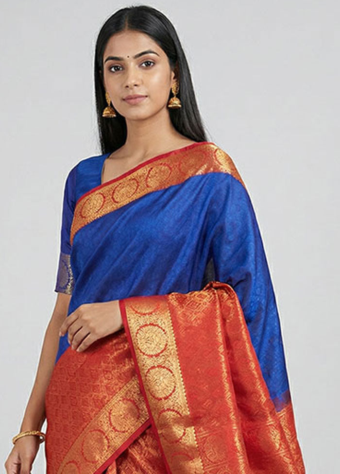 Blue Kanjivaram Silk Saree With Blouse Piece