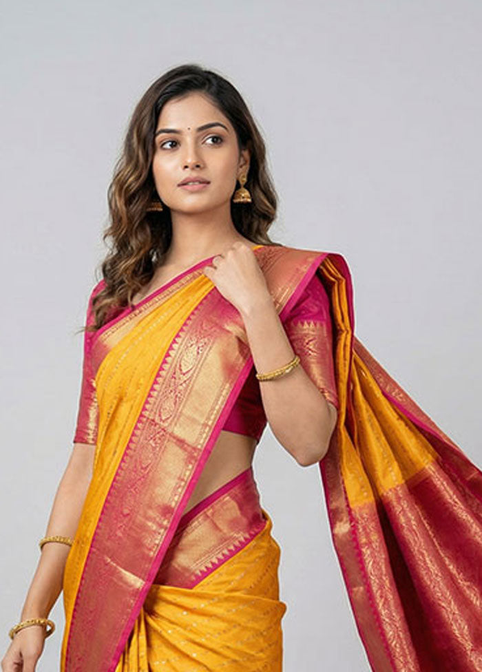 Yellow Kanjivaram Silk Saree With Blouse Piece