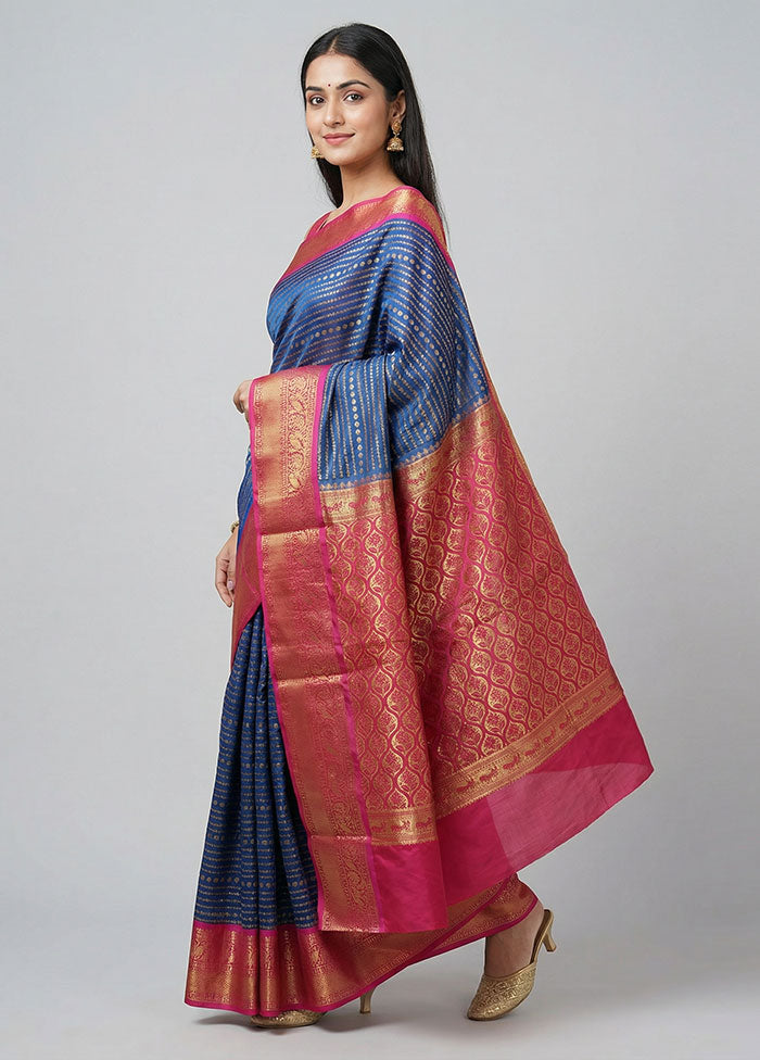 Blue Kanjivaram Silk Saree With Blouse Piece