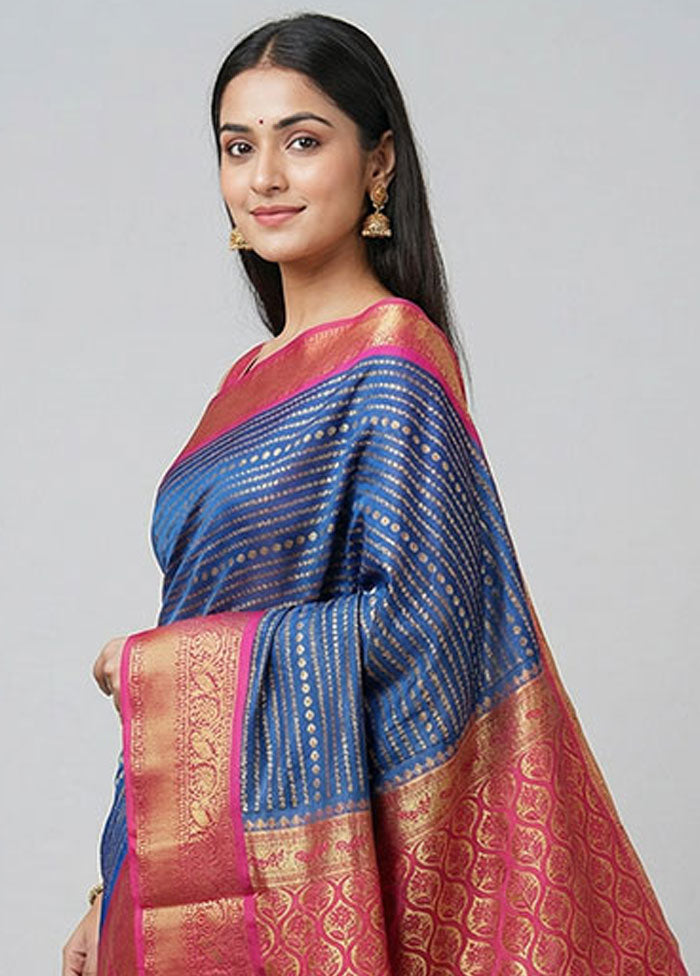 Blue Kanjivaram Silk Saree With Blouse Piece