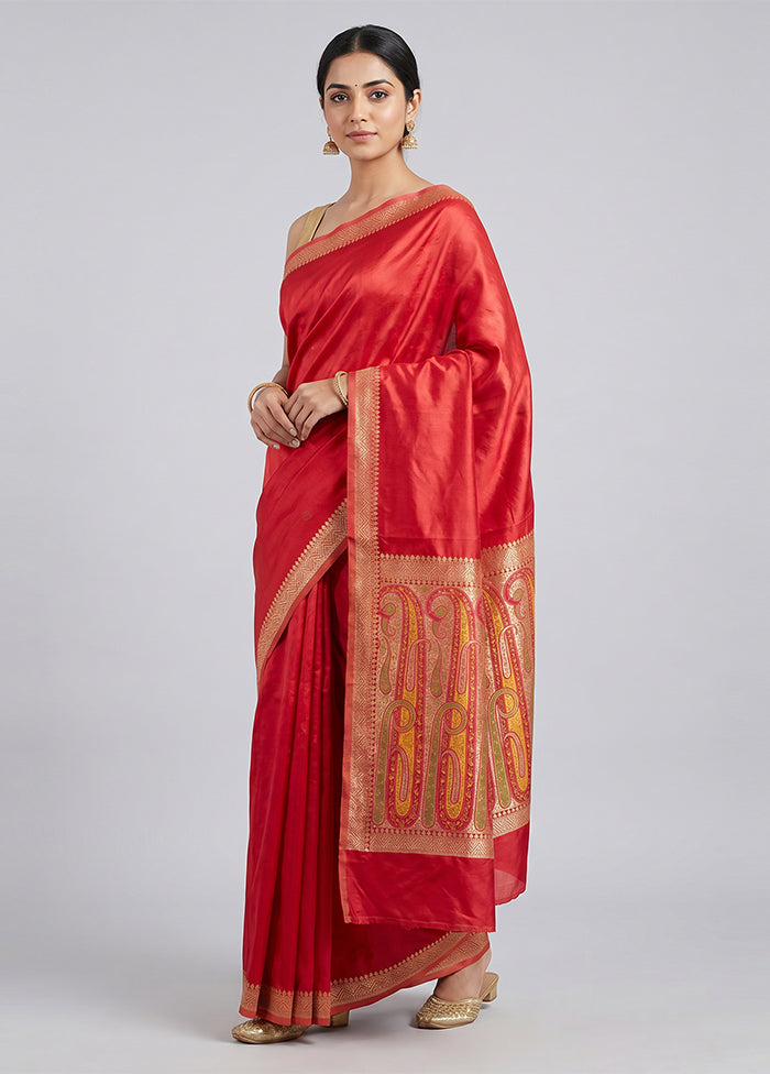 Red Dupion Silk Saree With Blouse Piece