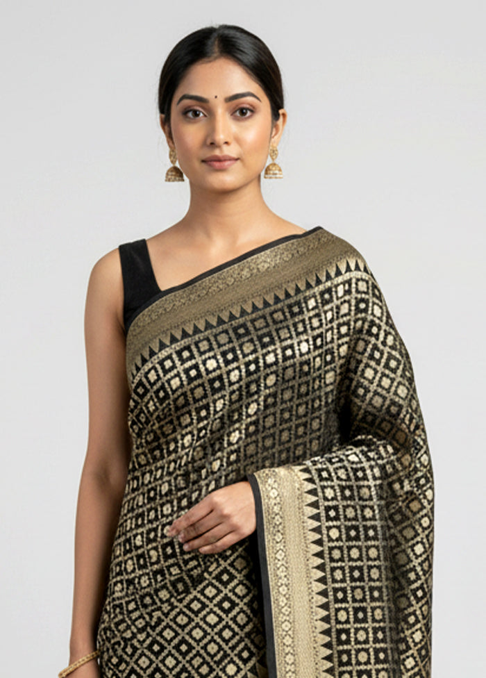 Black Handloom Pure Georgette Saree With Blouse Piece