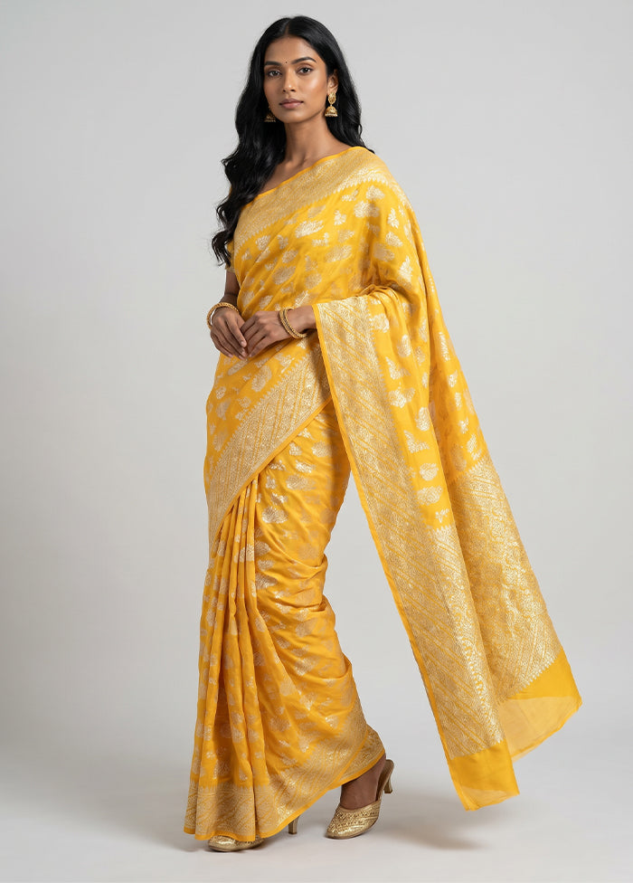 Yellow Handloom Pure Georgette Saree With Blouse Piece