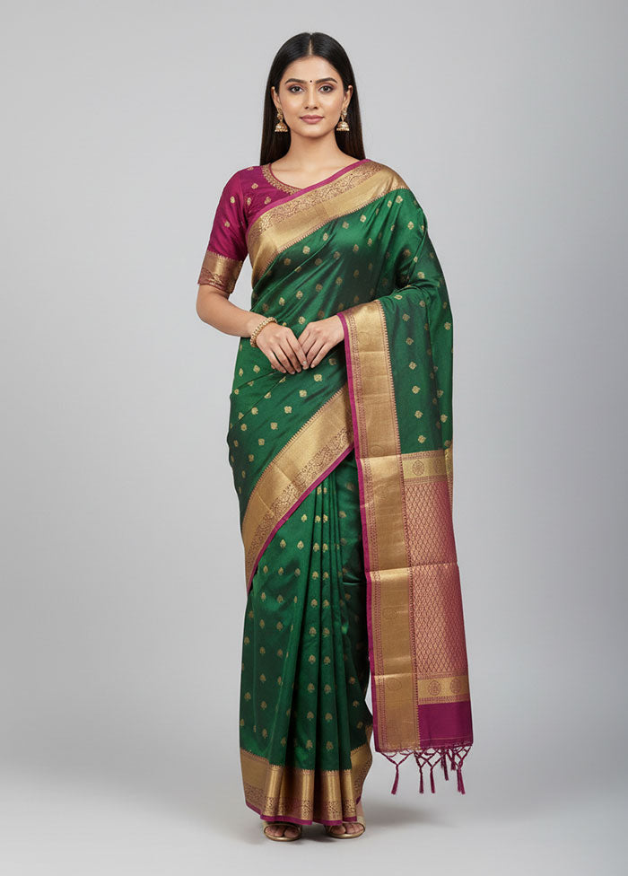 Green Handloom Kanjivaram Pure Silk Saree With Blouse Piece