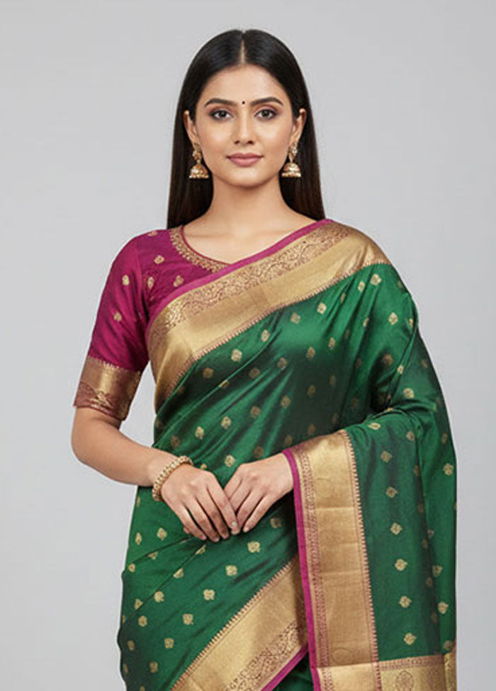 Green Handloom Kanjivaram Pure Silk Saree With Blouse Piece