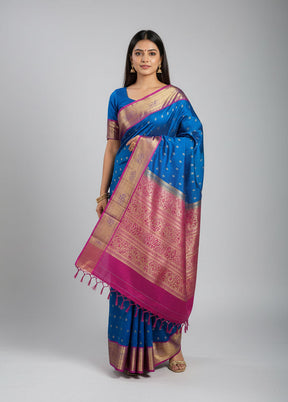 Blue Handloom Kanjivaram Pure Silk Saree With Blouse Piece