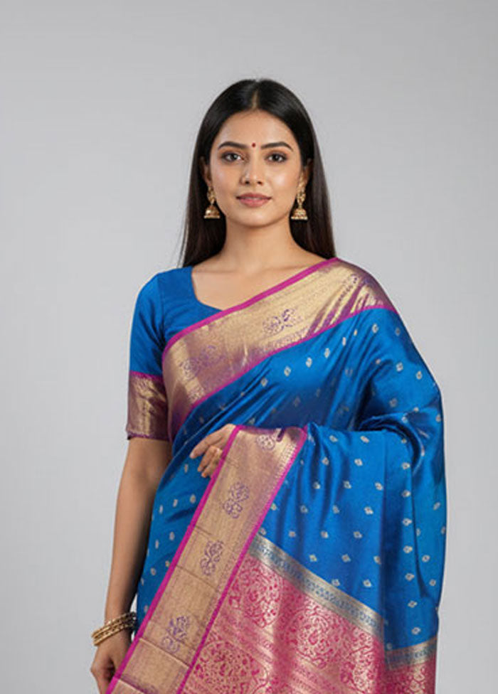 Blue Handloom Kanjivaram Pure Silk Saree With Blouse Piece