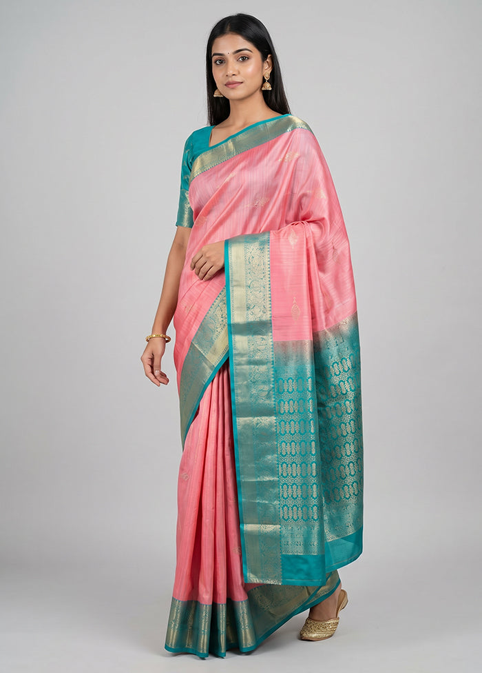 Pink Handloom Kanchipuram Pure Silk Saree With Blouse Piece