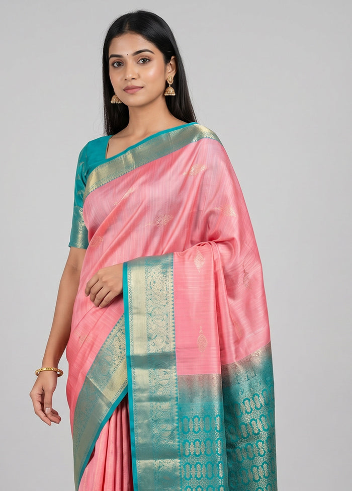 Pink Handloom Kanchipuram Pure Silk Saree With Blouse Piece