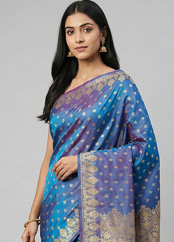 Blue Handloom Banarasi Pure Silk Saree With Blouse Piece