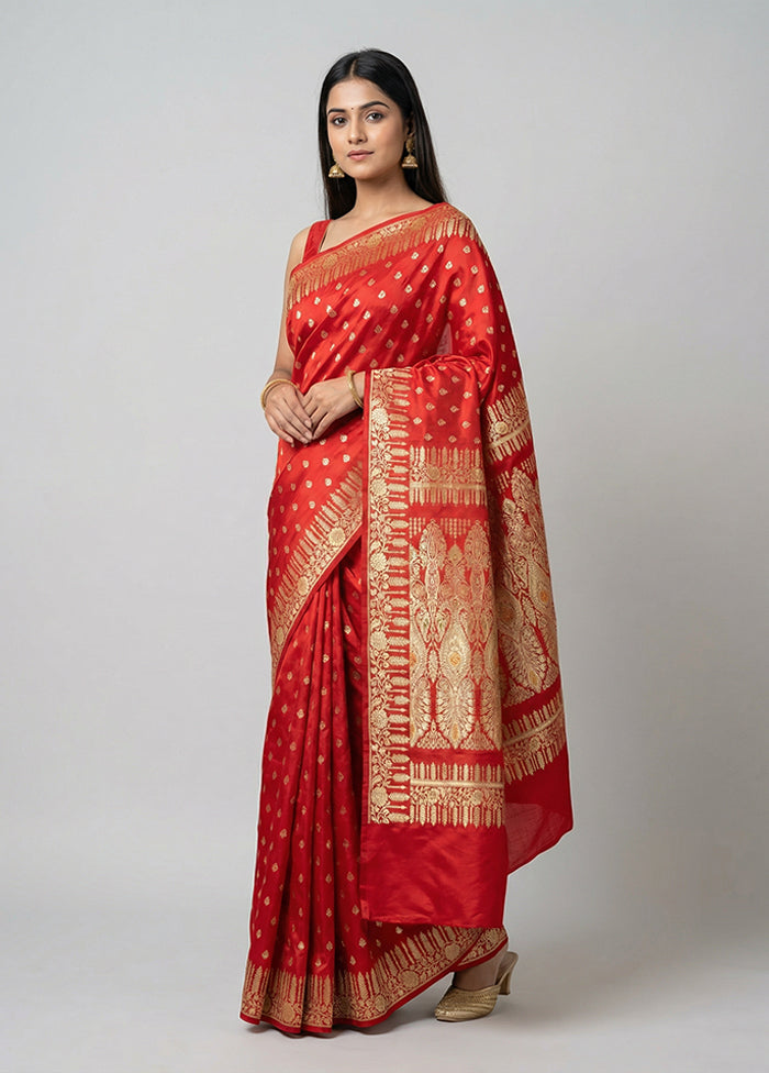 Red Handloom Banarasi Pure Silk Saree With Blouse Piece