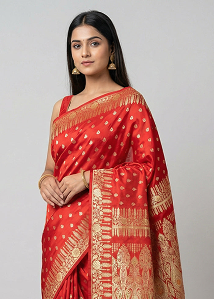 Red Handloom Banarasi Pure Silk Saree With Blouse Piece