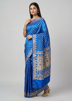 Blue Handloom Banarasi Pure Silk Saree With Blouse Piece