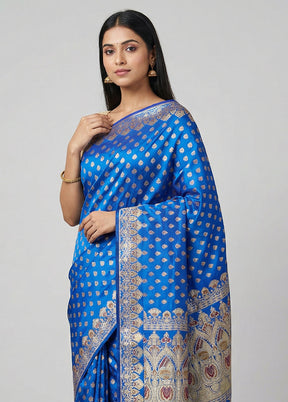 Blue Handloom Banarasi Pure Silk Saree With Blouse Piece
