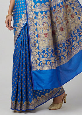 Blue Handloom Banarasi Pure Silk Saree With Blouse Piece