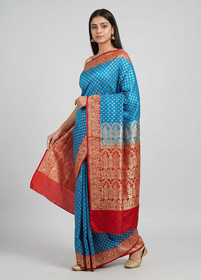 Blue Handloom Banarasi Pure Silk Saree With Blouse Piece
