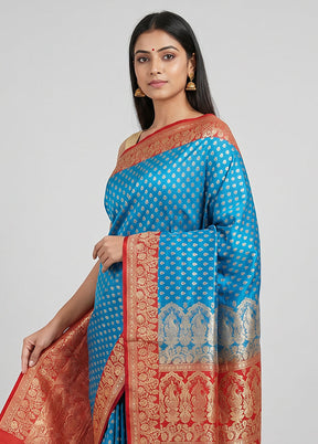 Blue Handloom Banarasi Pure Silk Saree With Blouse Piece