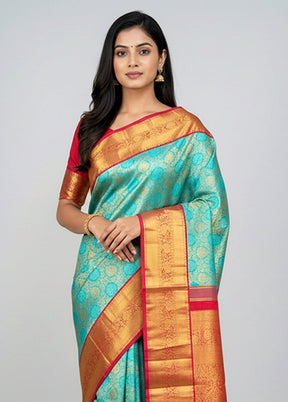 Blue Handloom Kanchipuram Pure Silk Saree With Blouse Piece