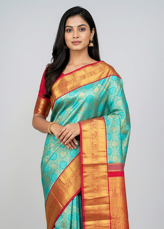 Blue Handloom Kanchipuram Pure Silk Saree With Blouse Piece