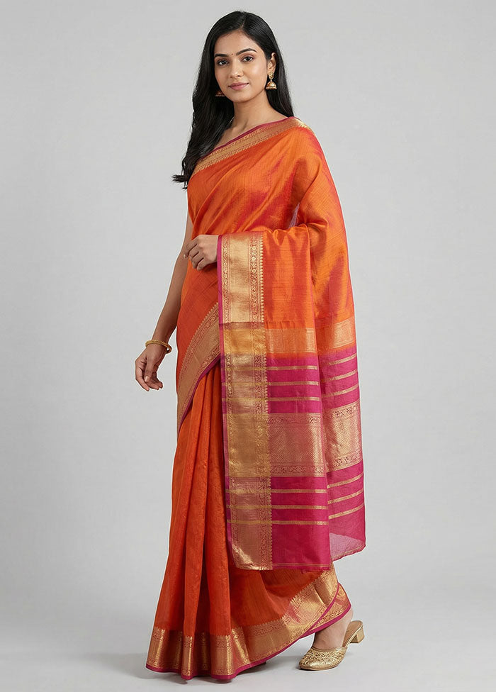 Orange Handloom Kanjivaram Pure Silk Saree With Blouse Piece