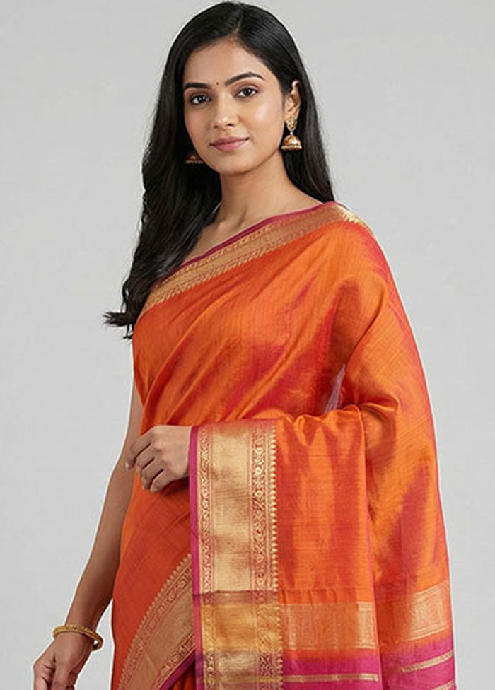 Orange Handloom Kanjivaram Pure Silk Saree With Blouse Piece