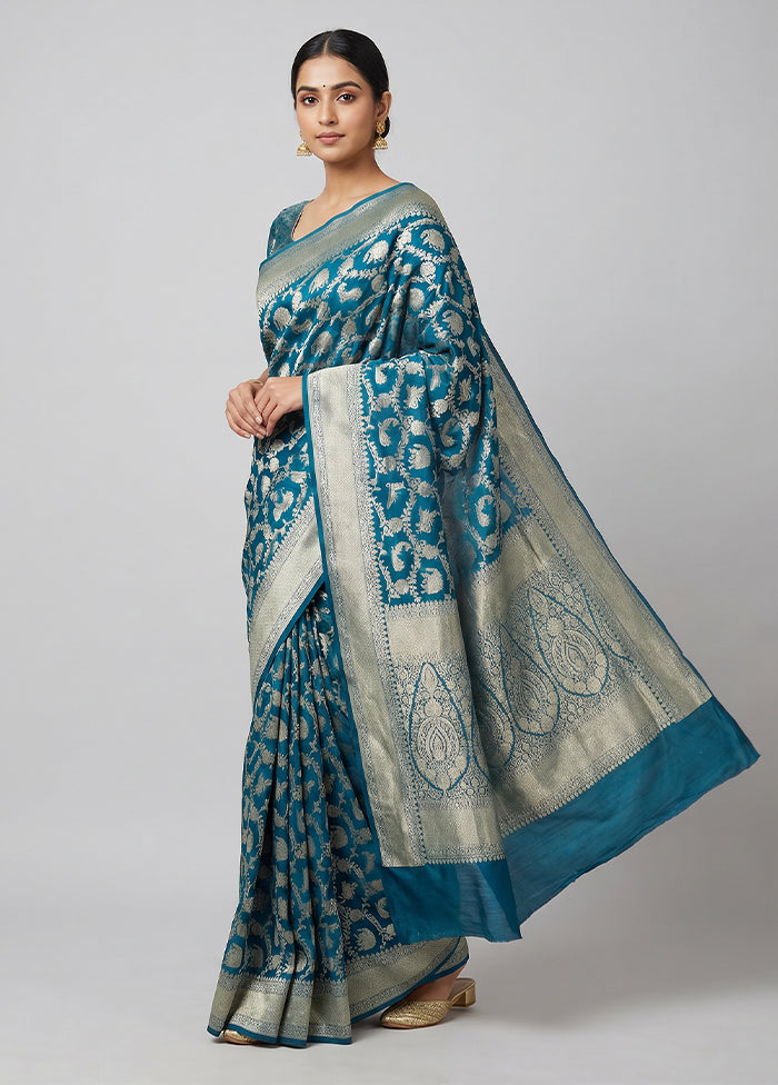 Blue Handloom Pure Georgette Saree With Blouse Piece