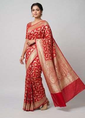 Red Handloom Pure Georgette Saree With Blouse Piece