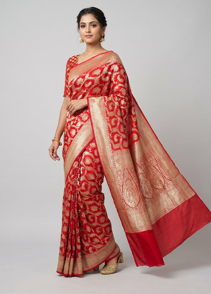 Red Handloom Pure Georgette Saree With Blouse Piece