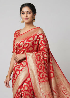 Red Handloom Pure Georgette Saree With Blouse Piece