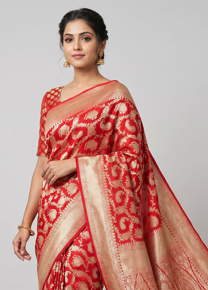 Red Handloom Pure Georgette Saree With Blouse Piece