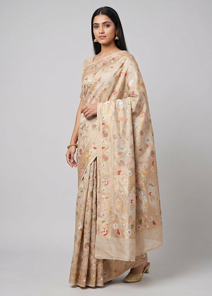 Cream Handloom Tussar Pure Silk Saree With Blouse Piece