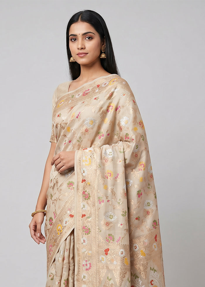 Cream Handloom Tussar Pure Silk Saree With Blouse Piece